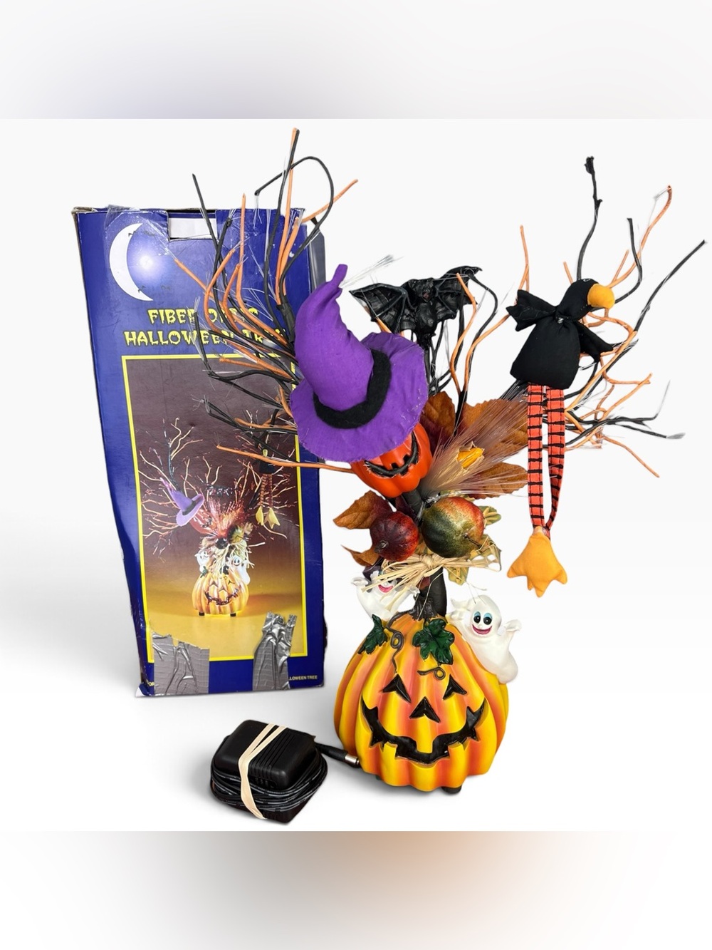 Vintage Halloween Fiber Optic Tree Spooky 19" Tabletop Pumpkin Ghost Bat Tested
